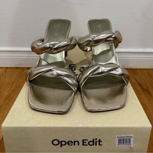 gold metallic open edit heels